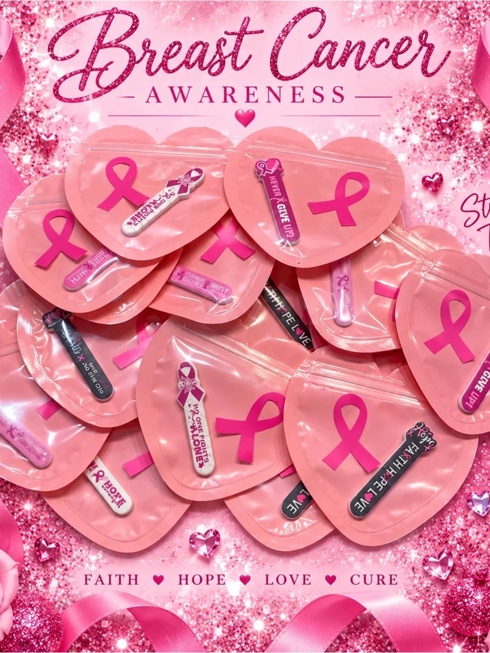 *Buy Now” Breast Cancer Awareness Nail File Heart Thank You’s Set of 15